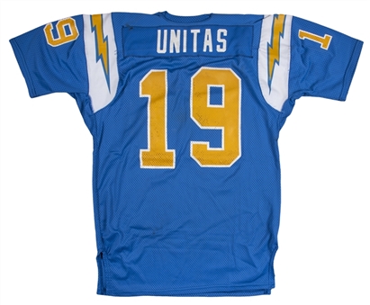 1973 Johnny Unitas Game Used San Diego Chargers #19 Home Jersey from Unitass Final Season! (MEARS A10)